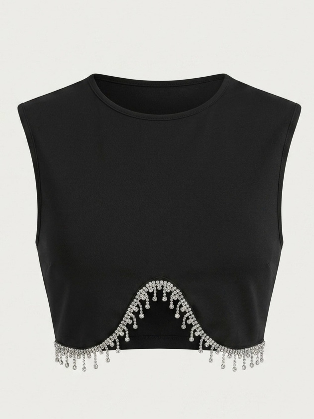 Black Sleeveless Crop Top with Rhinestone Fringe- size Small - Picture 2 of 3
